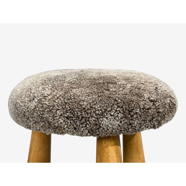 Danish Modern Style, Gray Sheepskin, Maple, Shearling Footstools, 21st C. For Sale - Image 9 of 9