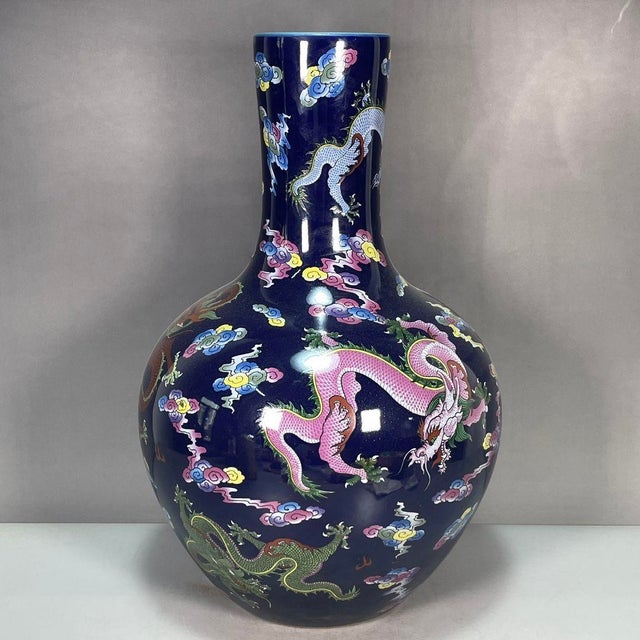 Ceramic Large Chinese Dark Blue Glazed Porcelain Dragon Vase - 16" Tall For Sale - Image 7 of 9