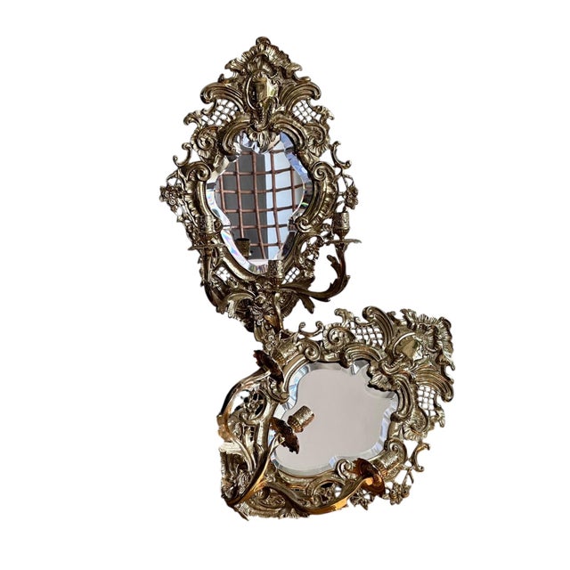 Vintage Gilded Brass Wall Sconces W/ Beveled Mirrors For Sale - Image 14 of 14