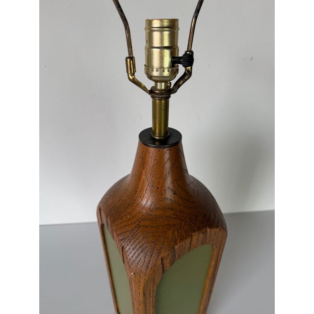 Wood Vintage Carved Oak Wood Table Lamp With Green Inset Panels For Sale - Image 7 of 12