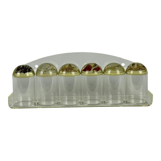 1960s French Mid-Century Modern Lucite Spice Canister Set With Inlaid Spices in Covers For Sale