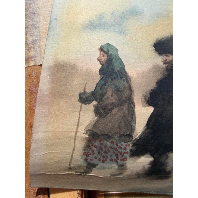 Wood Antique Watercolor of a Russian Winter Procession in Ornate Gilt Frame - Unsigned Unknown Artist For Sale - Image 7 of 17