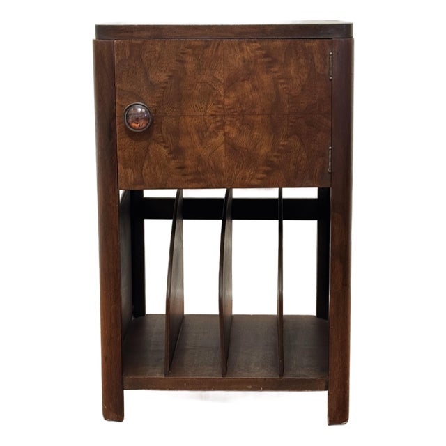 Mid-Century Art Deco Mahogany and Walnut Burlwood Veneer Side Table/Magazine Holder For Sale