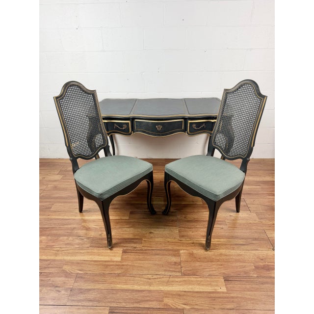 Vintage Drexel French Provincial style writing desk includes a matching set of chairs. Standing on curvaceous cabriole...
