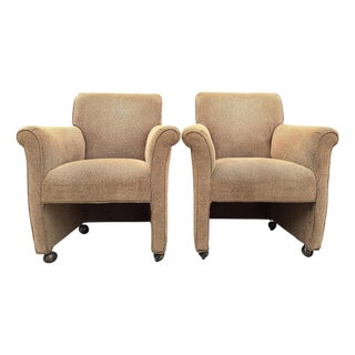 Vintage Postmodern Rolled Arm Club Chairs With Brass Ball Casters, a Pair For Sale