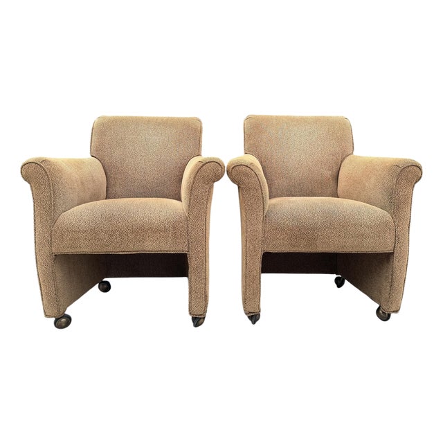 Vintage Postmodern Rolled Arm Club Chairs With Brass Ball Casters, a Pair For Sale