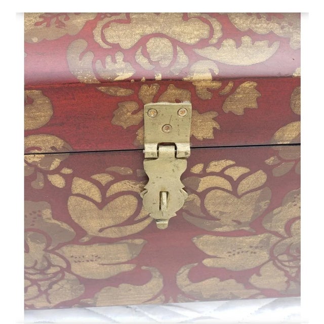 Brick Red Hand-Painted Dome Top Wood and Brass Decorative Chest For Sale - Image 8 of 11