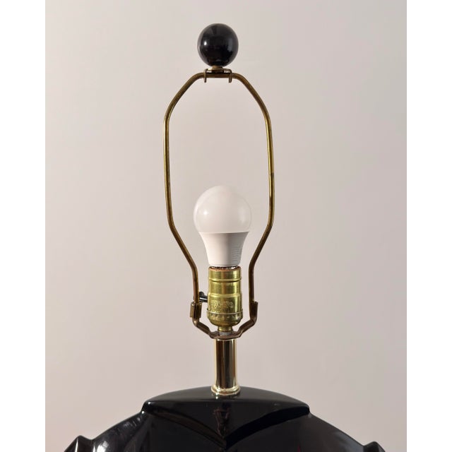 Vintage 1980s Postmodern Neo-Deco Black Ceramic Table Lamp With Custom Shade For Sale - Image 4 of 7