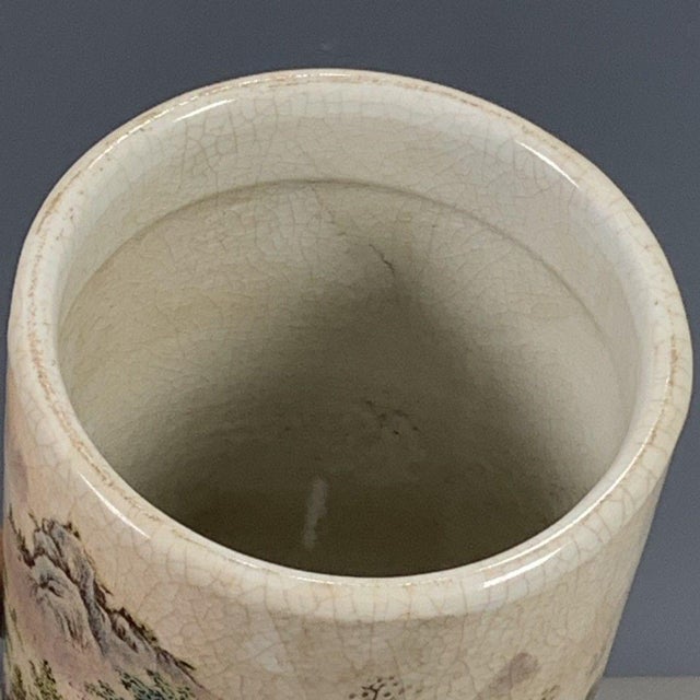 White Famille Rose Crackle Glaze Porcelain Brush Pot With Landscape Scene For Sale - Image 8 of 9