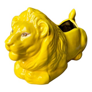 Vintage MCM 1960s Yellow Porcelain Lion Planter For Sale