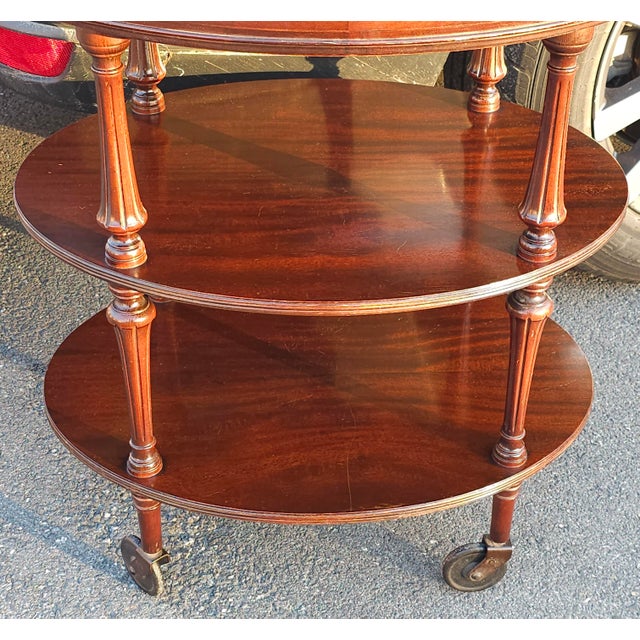 Traditional Early 20th Century Mahogany Oval Three-Tiered Rolling Bar Cart For Sale - Image 3 of 13