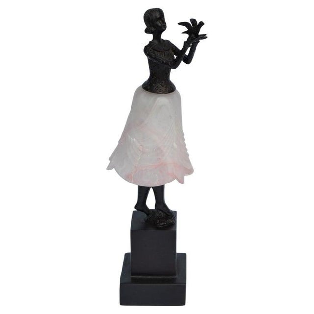 1970s Art Deco Bruno Zach Attributed Bronze Sculpture Female Dancer Table Lamp Art Glass Shade For Sale - Image 15 of 15