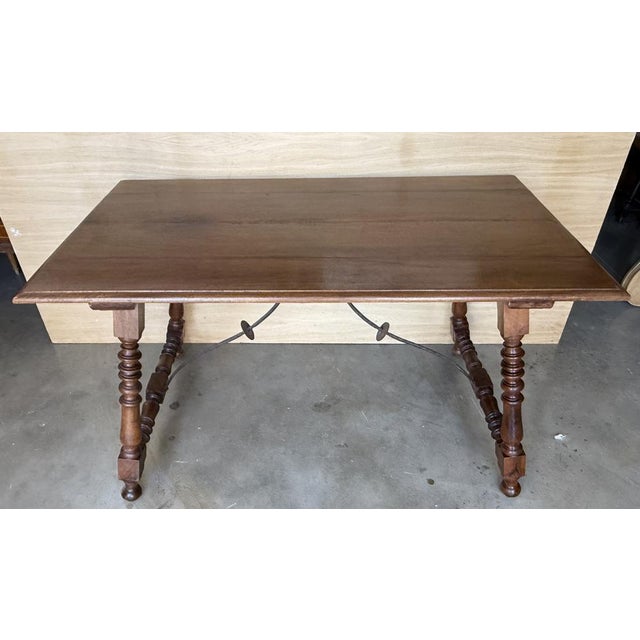 Spanish Side Table with Carved Turned Legs and Double Stretcher, 19th Centuy For Sale - Image 4 of 12