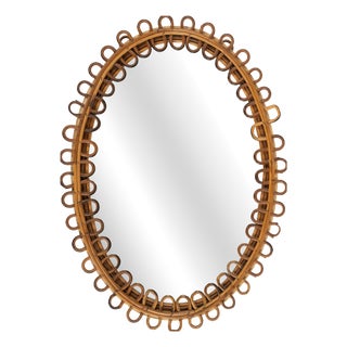 Mid-Century Oval Rattan and Bamboo Wall Mirror in the style of Franco Albini, Italy, 1960s For Sale