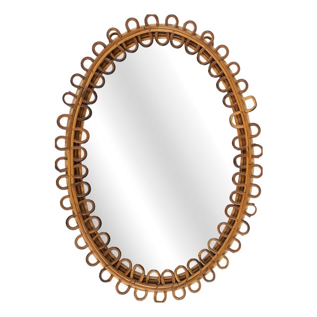 Mid-Century Oval Rattan and Bamboo Wall Mirror in the style of Franco Albini, Italy, 1960s For Sale