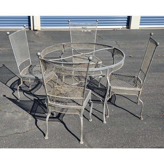 Vintage Rare 1960's Russell Woodard Attributed Mesh Wrought Iron Patio Glass Table and 4 Chairs For Sale - Image 16 of 18