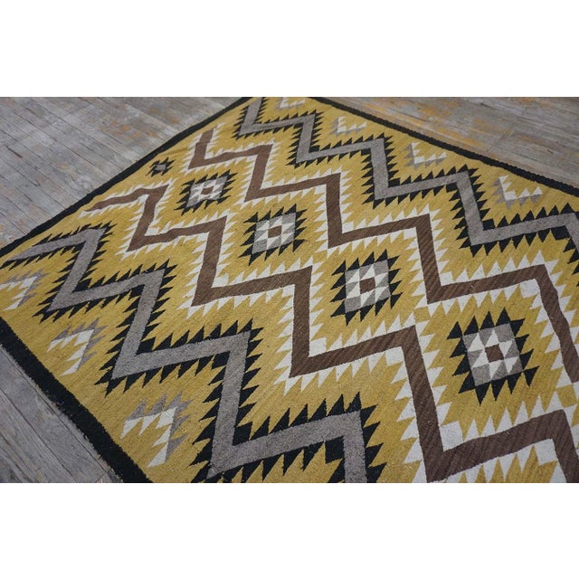 1950s Stunning Yellow Ground Color With Gray-Brown Zigzag Flamestitch Pattern Vintage American Navajo Rug For Sale - Image 5 of 15