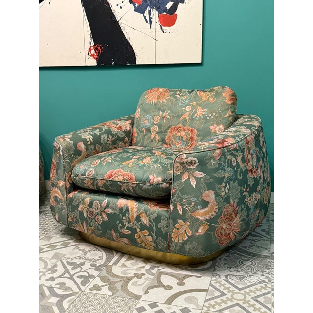 Art Deco Chairs in Floral Silk Fabric with Brass Base, 1940, Set of 2 For Sale - Image 12 of 17