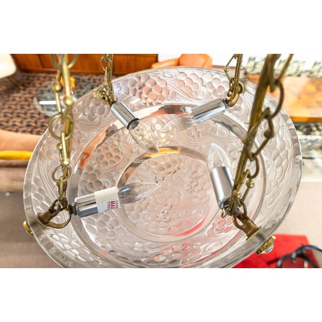 Brass René Lalique Signed Art Deco St Vincent Frosted Crystal Pendant Light Fixture For Sale - Image 8 of 10