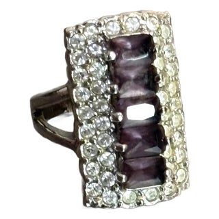 Large 1960s-70s Silver Tone Purple Rhinestone Cocktail Ring For Sale
