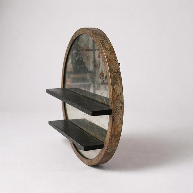 Large Industrial Circular Mirror with Shelves For Sale - Image 4 of 9