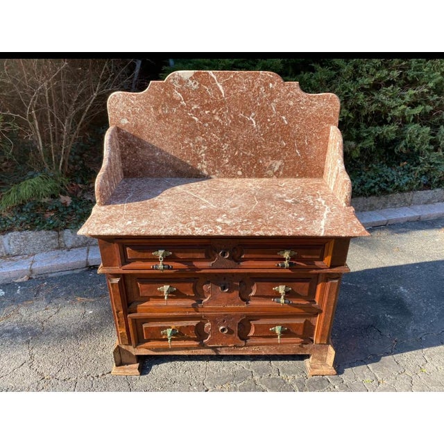 Vintage Antique Old World Marble Top Cabinet. Width: 35” Depth: 18” Cabinet Height: 26” Back Height: 42” Marble is in...