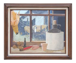 Marvin Smith Still Life Painting of a Country Window Cill and Horses 1960's