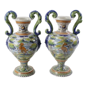 Pair of Antique Italian Majolica Italian Blue and Green Two Handled Urns
