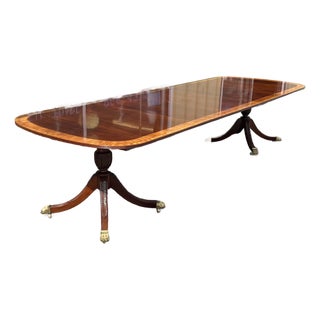 Late 20th Century Councill Craftsmen Georgian Banded Mahogany Double Pedestal Dining Table With 3 Leaves For Sale
