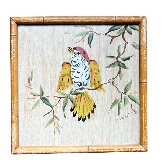 A pair of chinoiserie faux bamboo watercolor paintings of birds. This lovely set was quite the find. We fell in love with...