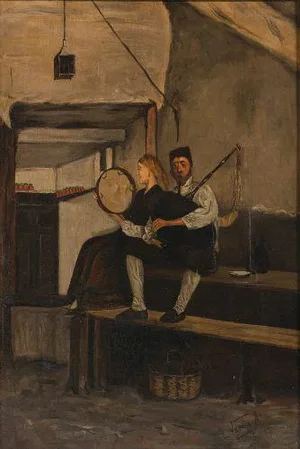 L, Varela, Musician Couple, Oil on Canvas