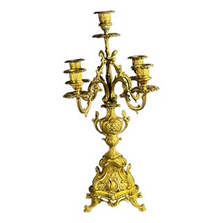 Brass 5-Light Candelabra with Hand-Painted Ceramic Inserts by Luigi Beccarelli, Italy, 19th Century For Sale