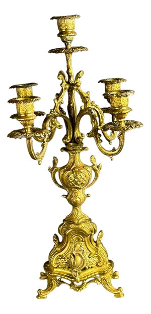 Brass 5-Light Candelabra with Hand-Painted Ceramic Inserts by Luigi Beccarelli, Italy, 19th Century