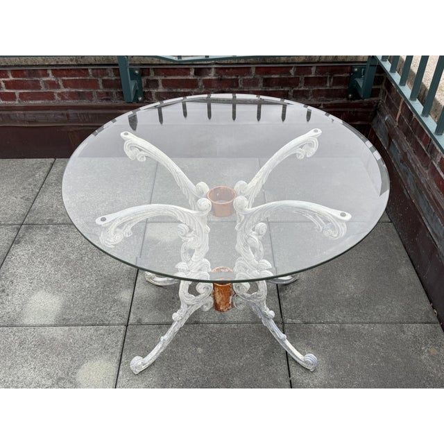 Metal Vintage Rococo-Style Painted Cast-Iron Pedestal Table With Round Glass Top For Sale - Image 7 of 15