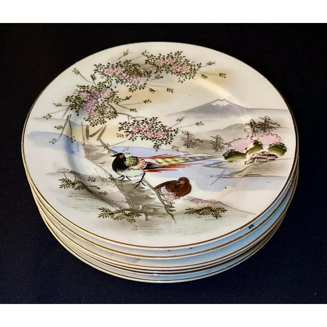 Asian Style Antique Kutani Hand-Painted Plates With Pheasants and Mt. Fuji Landscape - Set of 5 For Sale - Image 4 of 9