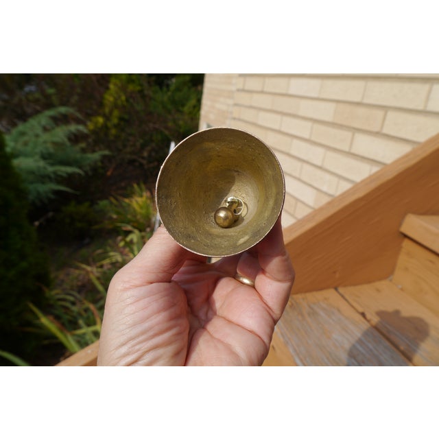 VTG Patina Heavy Solid Brass School Bell W Embossed Figural Owl Shape Handle For Sale - Image 10 of 10