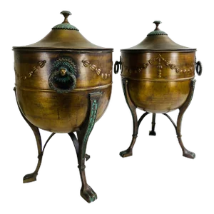 Large Pair, Regency Style Copper Cachepots With Lids