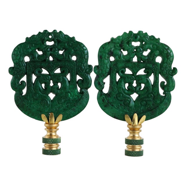 Chinese Archaic Style Carved Stone Lamp Finials on Brass Hardware - A Matching Pair For Sale