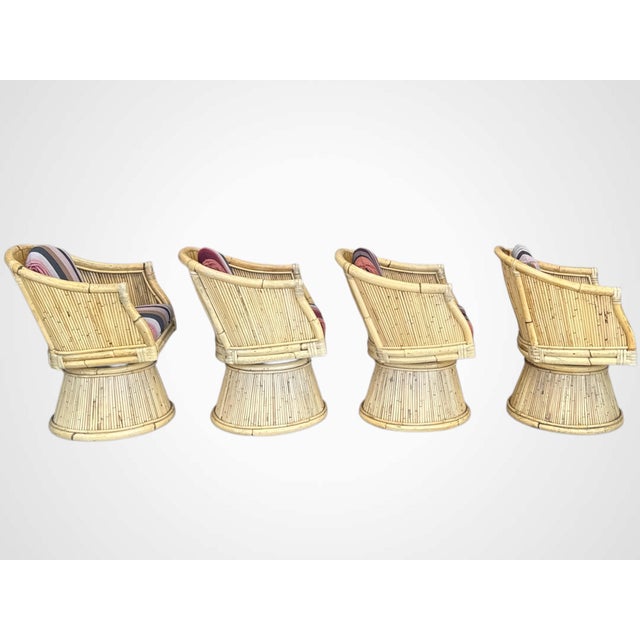 Rare Set of 4 McGuire Bamboo Rocking Swivel Lounge Chairs in Knoll “Stripe It” With Matching Table, Circa 1980s For Sale - Image 9 of 13