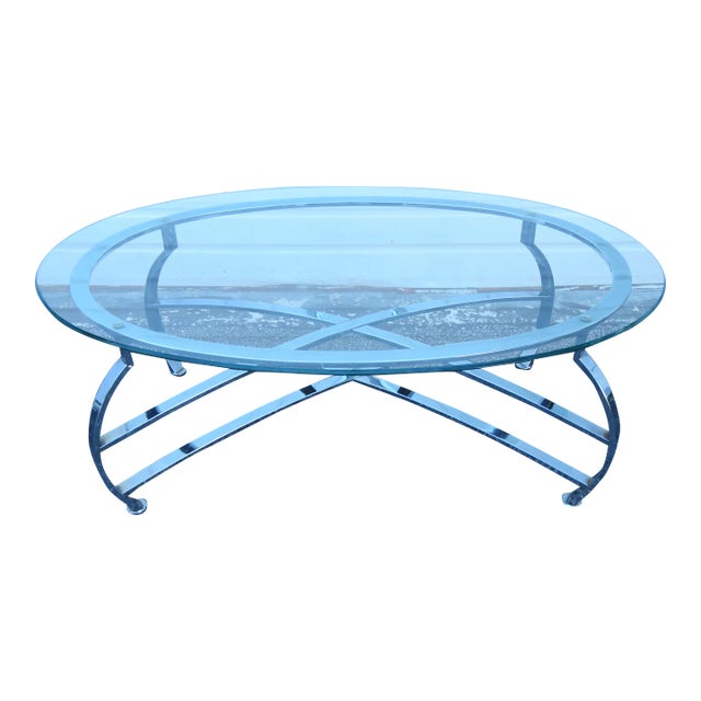 Hollywood Regency Mid Century Chrome Oval Glass Top Coffee For Sale