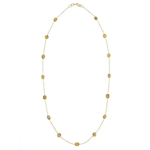 Art Nouveau French Deco 7.65 Ct Yellow Sapphire Station Chain Necklace in 14k Yellow Gold For Sale - Image 3 of 11