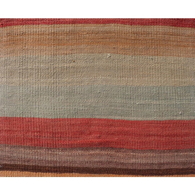 Vintage Turkish Kilim Runner With Coral, Tan and Soft Blue Stripes For Sale In Atlanta - Image 6 of 11