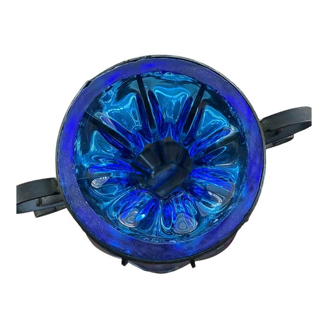 Vintage Mid-Century Hand-Blown Cobalt Blue Caged Glass Vase With Wrought Iron Fram For Sale