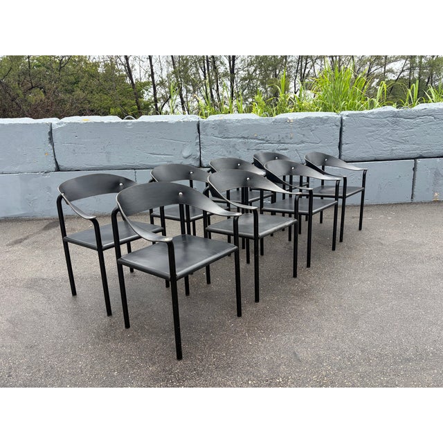 Artelano Set of Eight Attributed Artelano Black Leather Arm Chairs, Italy 1980s For Sale - Image 4 of 18