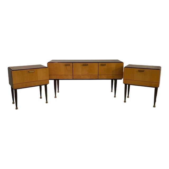 Mid-Century Modern Italian Nightstands and Sideboard in Mahogany and Burr Maple, 1956, Set of 3 For Sale