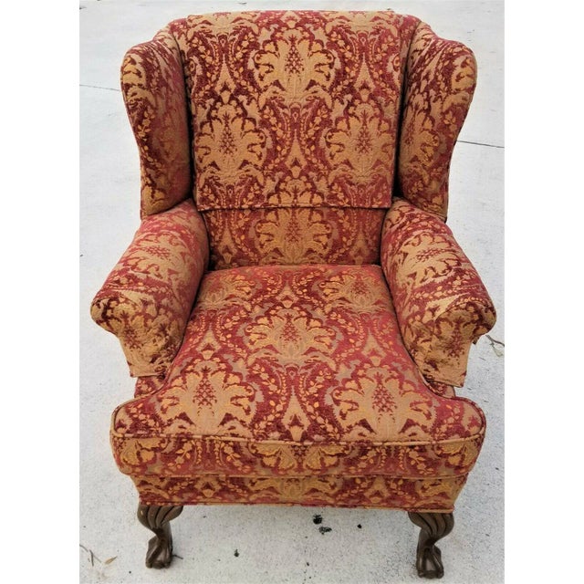 Chippendale Vintage Chippendale Wingback Damask Armchair For Sale - Image 3 of 8
