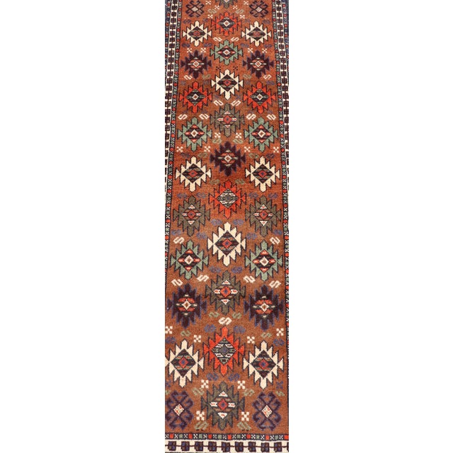 Vintage Turkish Kars runner with Tribal Motif Design in Orange-Brown Colors. Keivan Woven Arts / rug EMB-9663-P13552,...