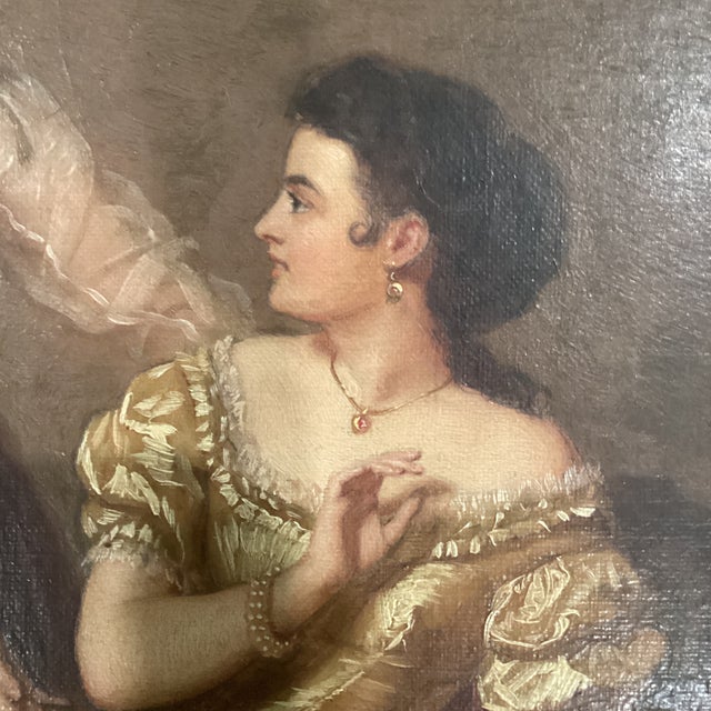 Wood Antique Painting on Canvas Interior Scene With Two Women For Sale - Image 7 of 12