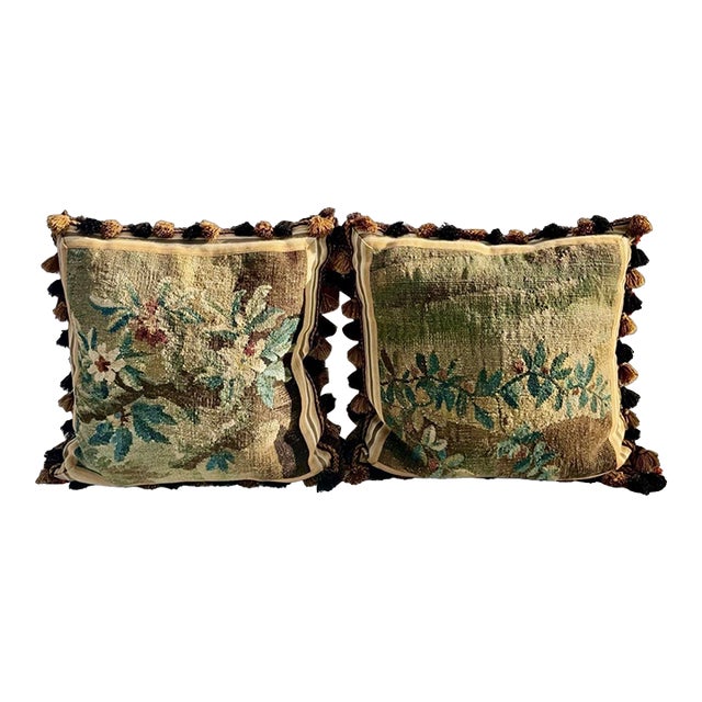 Antique French Tapestry Pillows Floral Needlepoint Tassels, Pair For Sale