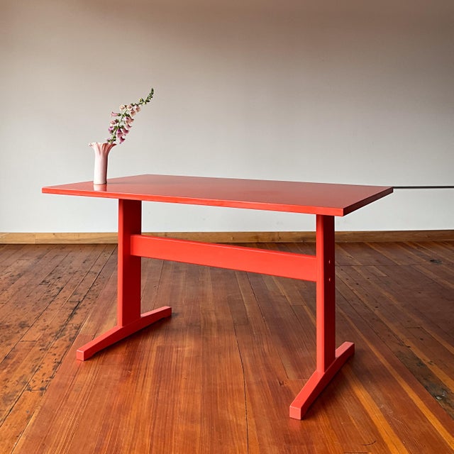 Mid-Century Modern Coral Laquered Mid-Century Danish Modern Minimalist Trestle Dining Table C1960s For Sale - Image 3 of 14